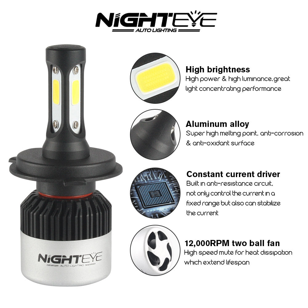 NIGHT EYE 6500K 72W LED Bright Headlight Bulbs (H7/H4/H8/H9/H11/HB3 9005/HB4 9006)